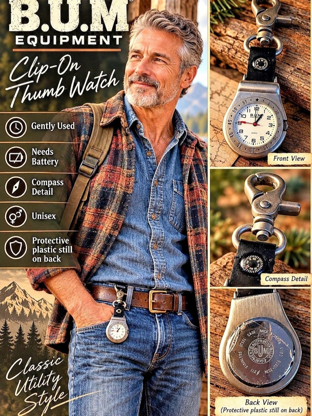 B.U.M. Equipment Clip-On Thumb Watch with Compass Brown & Silver